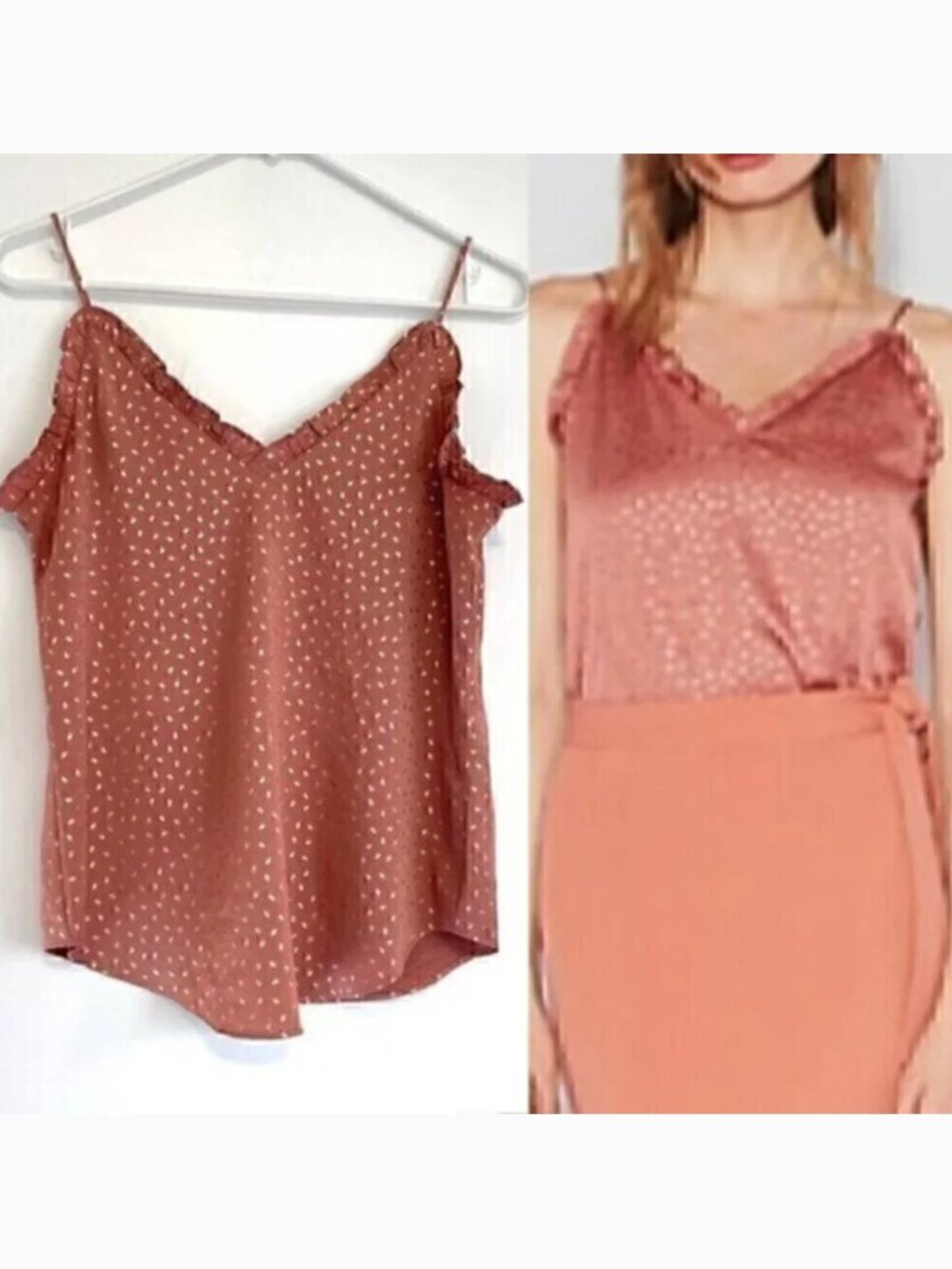 EXPRESS Ruffle Double Layer Downtown Cami Mauve Rose Pink Metallic Geo Tank Top